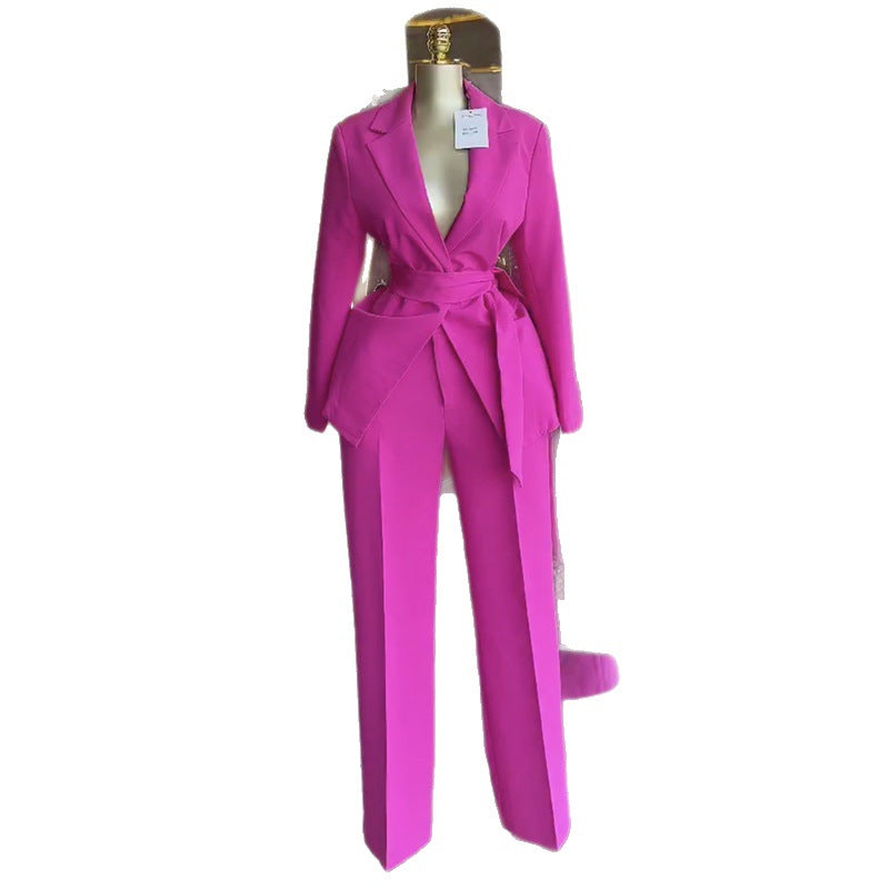 European and american cross-border women's fashion:  spring new collection - solid color tie-waist long sleeve blazer and high-waisted pants set