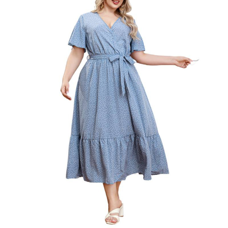 plus size cross-border new arrival:  women's original elegant v-neck ruffle trim polka dot dress