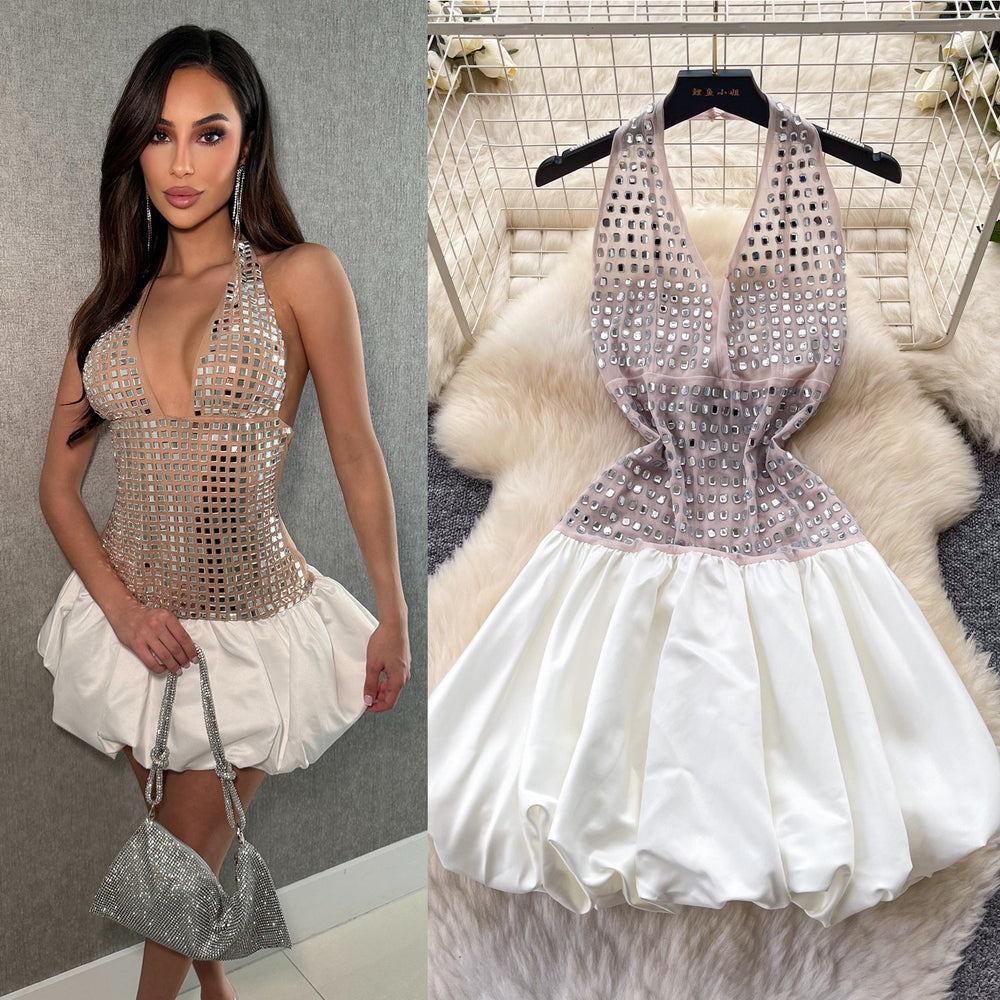 Sexy sweet and spicy style deep v neckhalterdress women's heavy industry diamond-encrusted k-style sleeveless puffy skirt classy sense