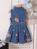 hot-selling girls' sleeveless printed denim dress + belt, denim washed dress - cross-border exclusive