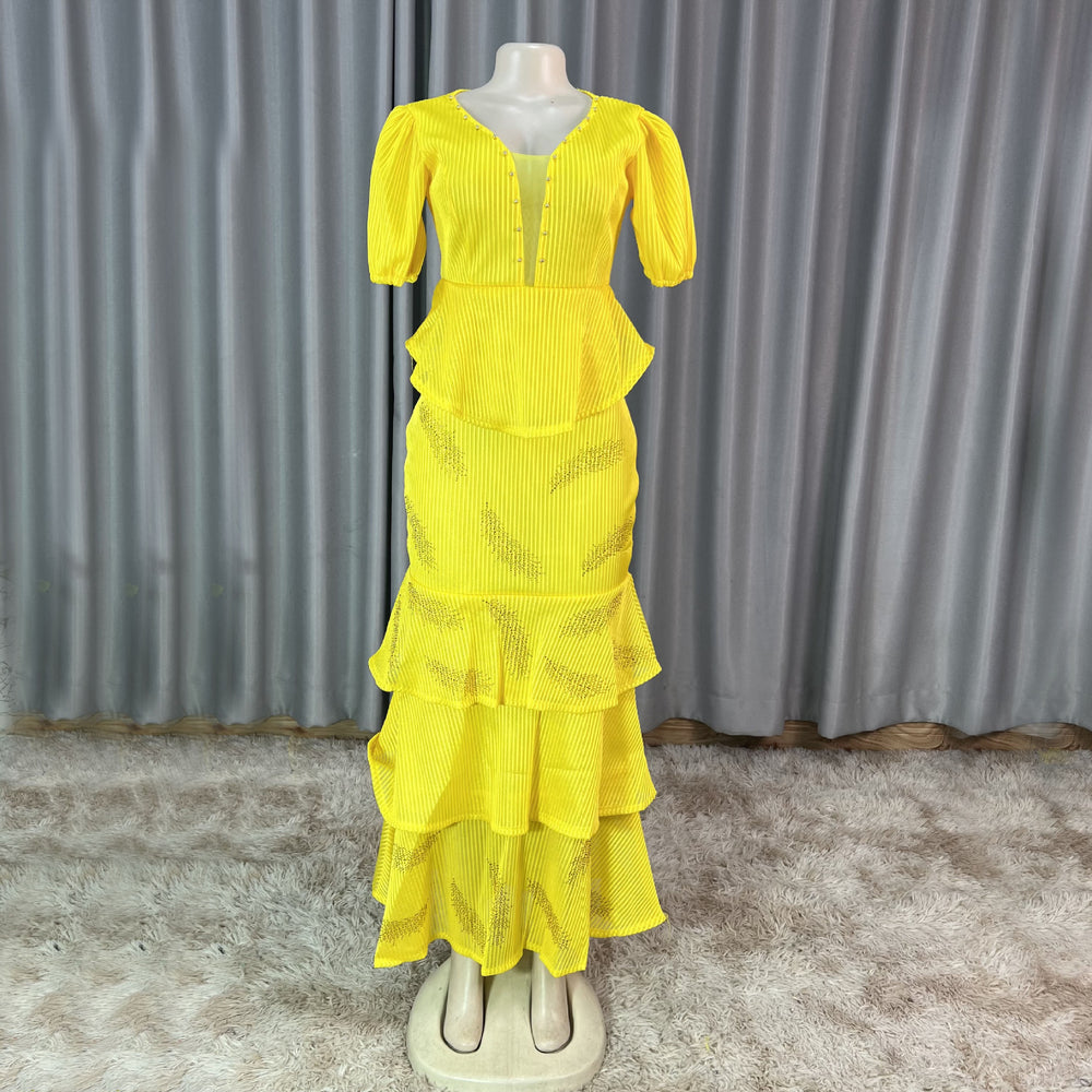 Export african women's v neck mesh silm beading hot diamond pleated lotus leaf fishtail long skirt small dress