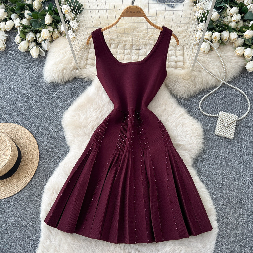French chic sleeveless a-line knit dress - women's summer korean style high waist slimming elegant work dress