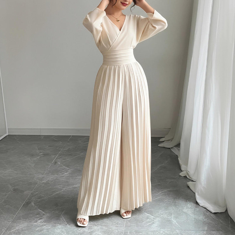 summer new women's clothing: european and american cross-border fashion, elegant solid color cinched waist pleated wide-leg jumpsuit