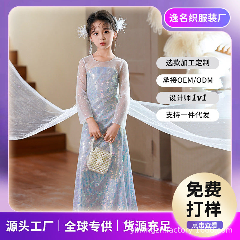 Amazon foreign trade custom girls' dress with cape, ribbon streamers, long sleeves, elsa princess dress, frozen new arrival