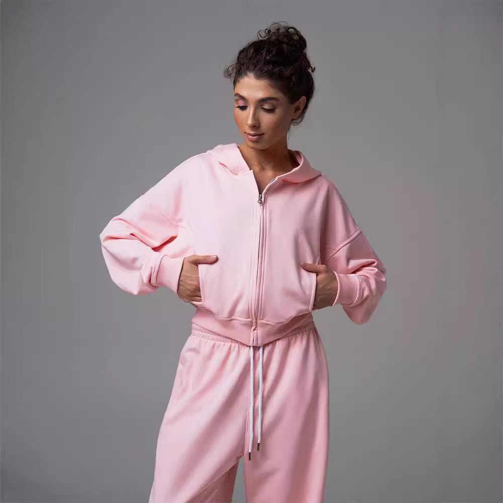 Cross-border European and American women's clothing fashion hooded sweater cardigan drawstring trousers set casual sweatshirt lace-up trousers