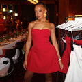 fashion:  spring new arrivals - chic black and white color block, figure-flattering, cinched waist, strapless dress
