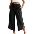 cross-border  women's summer lightweight solid color elastic waist drawstring pocket side button casual capri pants