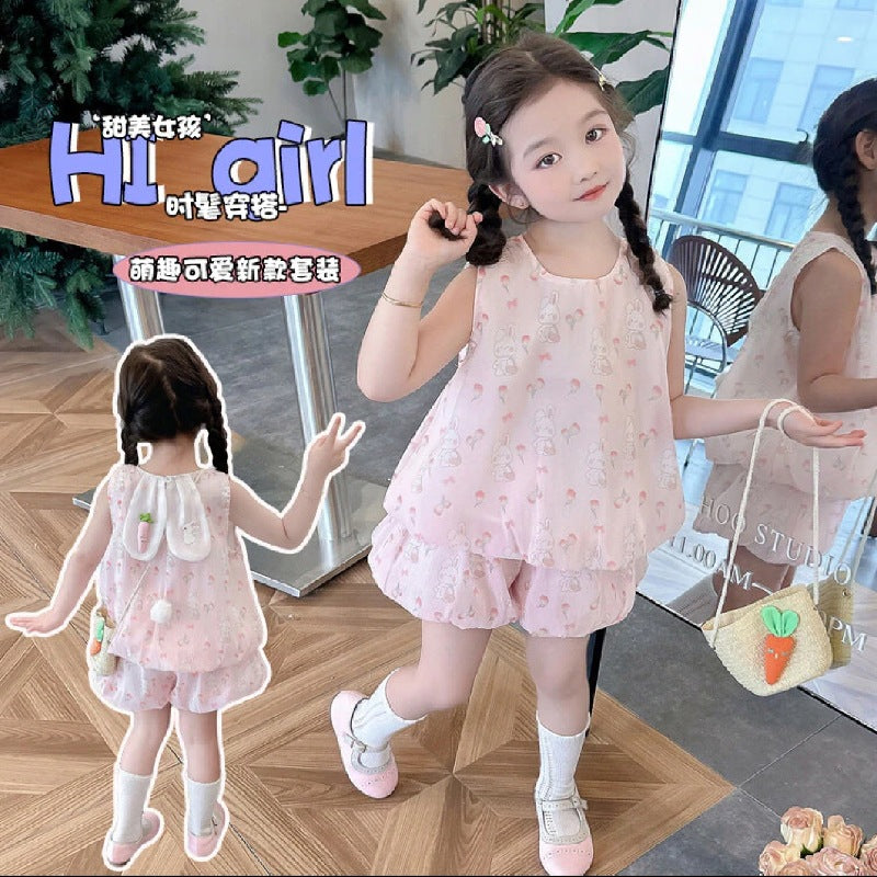 Girls' summer outfit set: new trendy and stylish tank top with bunny ear detail - lightweight two-piece set for kids