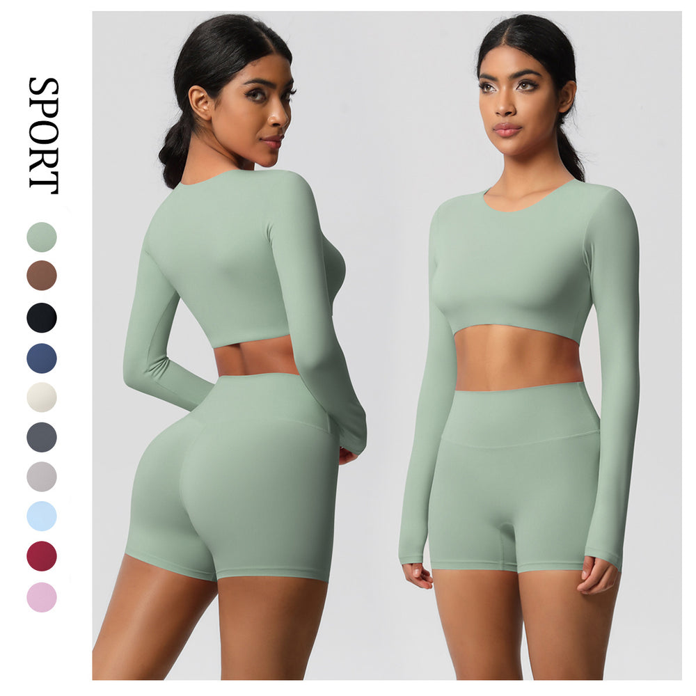 European and american new arrival: brushed long-sleeve yoga set - tight-fit, butt-lifting shorts, quick-dry running & fitness outfit for pilates