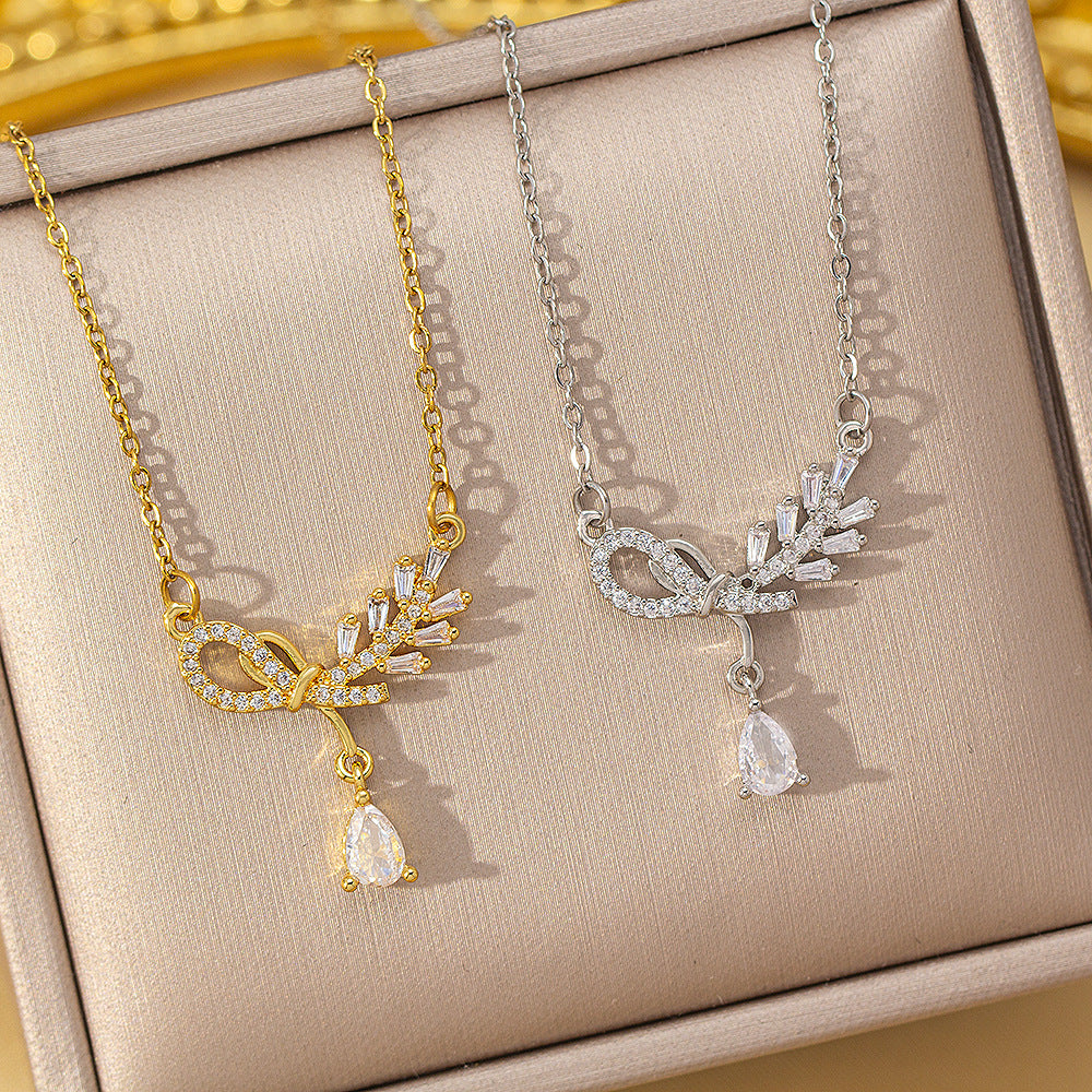 [copper inlaid with zirconium] new style full diamond bow and wheat ear necklace for women, exquisite high-end accessible luxury versatile clavicle chain jewelry