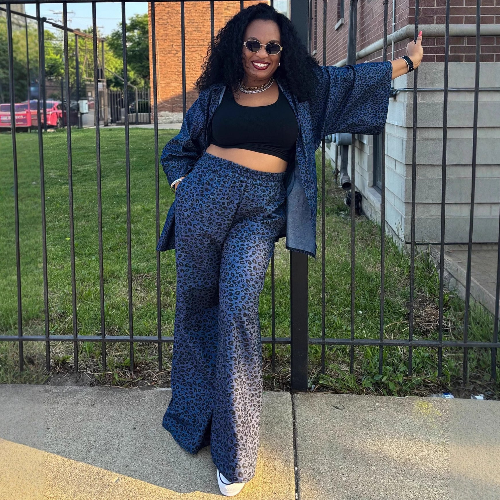 European and American large-size casual women's clothing set cardigan leopard print shirt wide-leg trousers African loose new two-piece set women