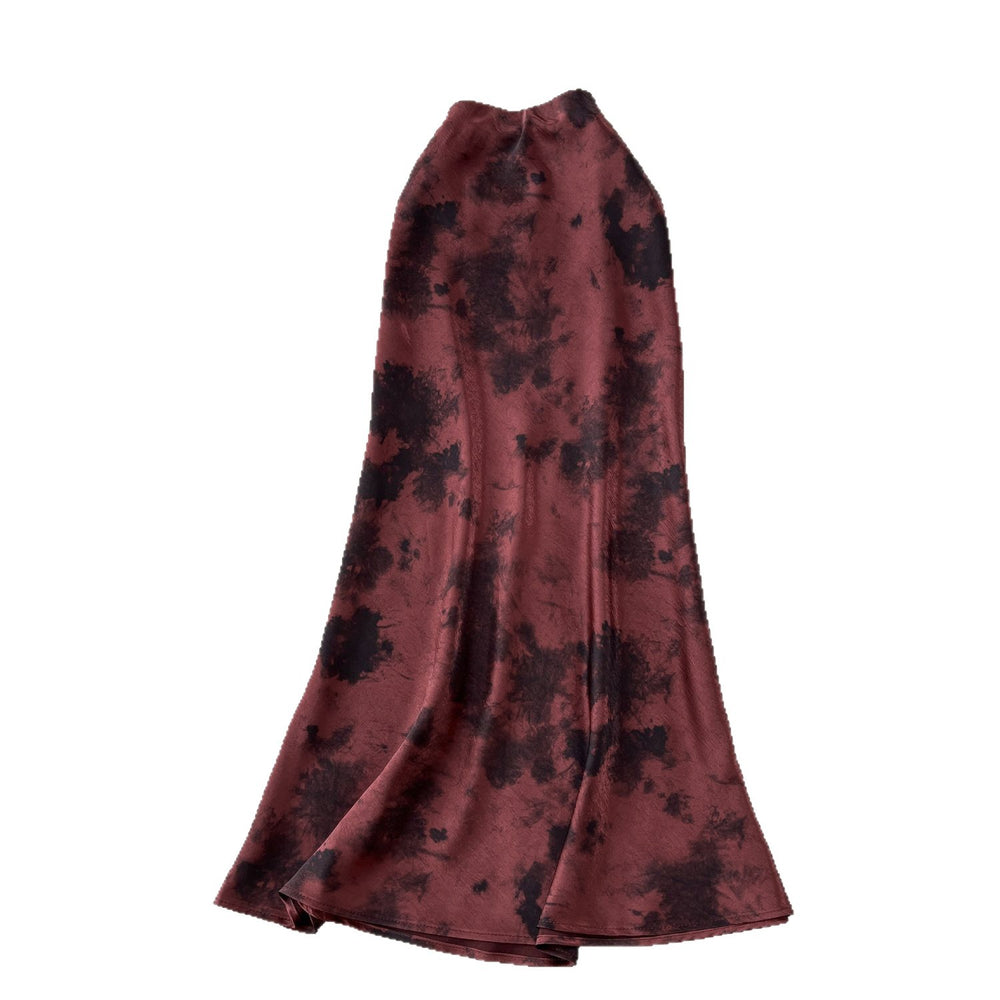 French chic satin midi skirt -  summer collection: luxe, vintage-inspired ink wash print, high-waisted, slimming mermaid skirt