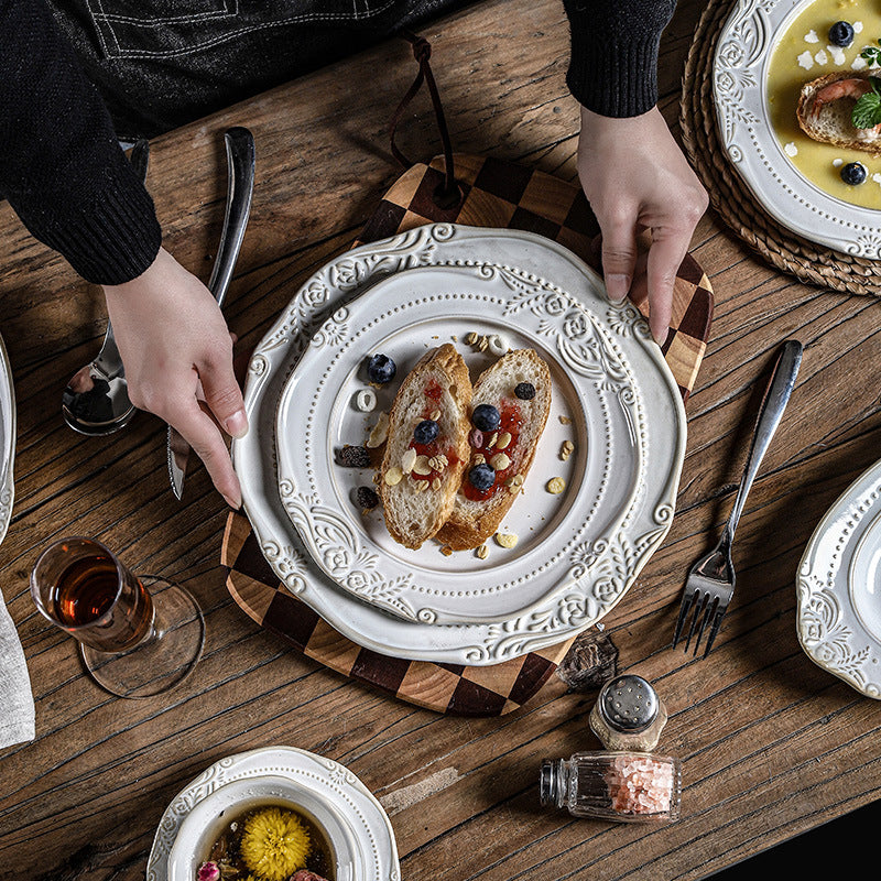 Ins embossed ceramic dinnerware set - vintage style dinner plates, western dinner plates, vegetable plates, royal style french cuisine dessert plates