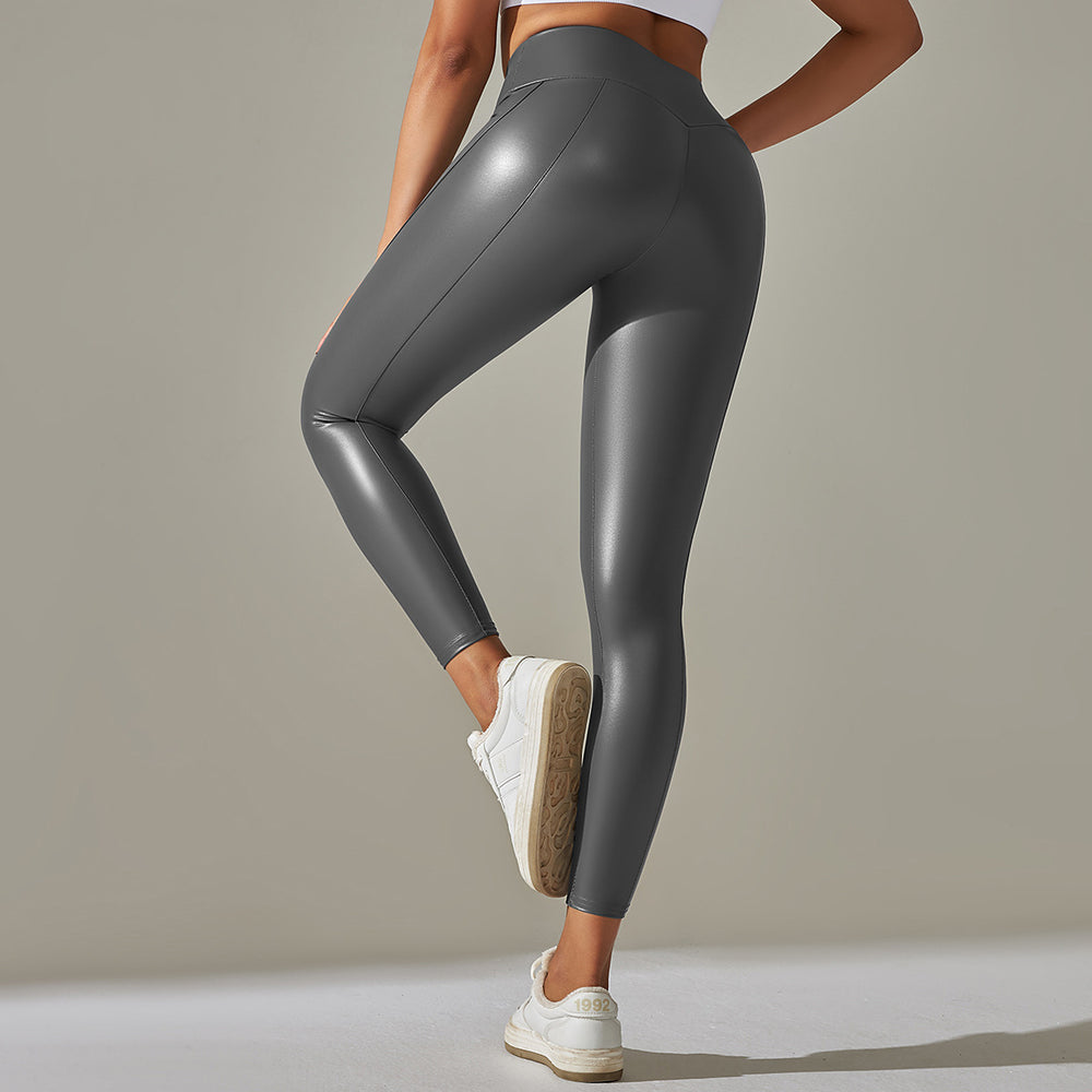 Clearance new arrival cross-border  best selling bright leather patchwork leather pants sexy stretch tight high waist nine-point pants for women