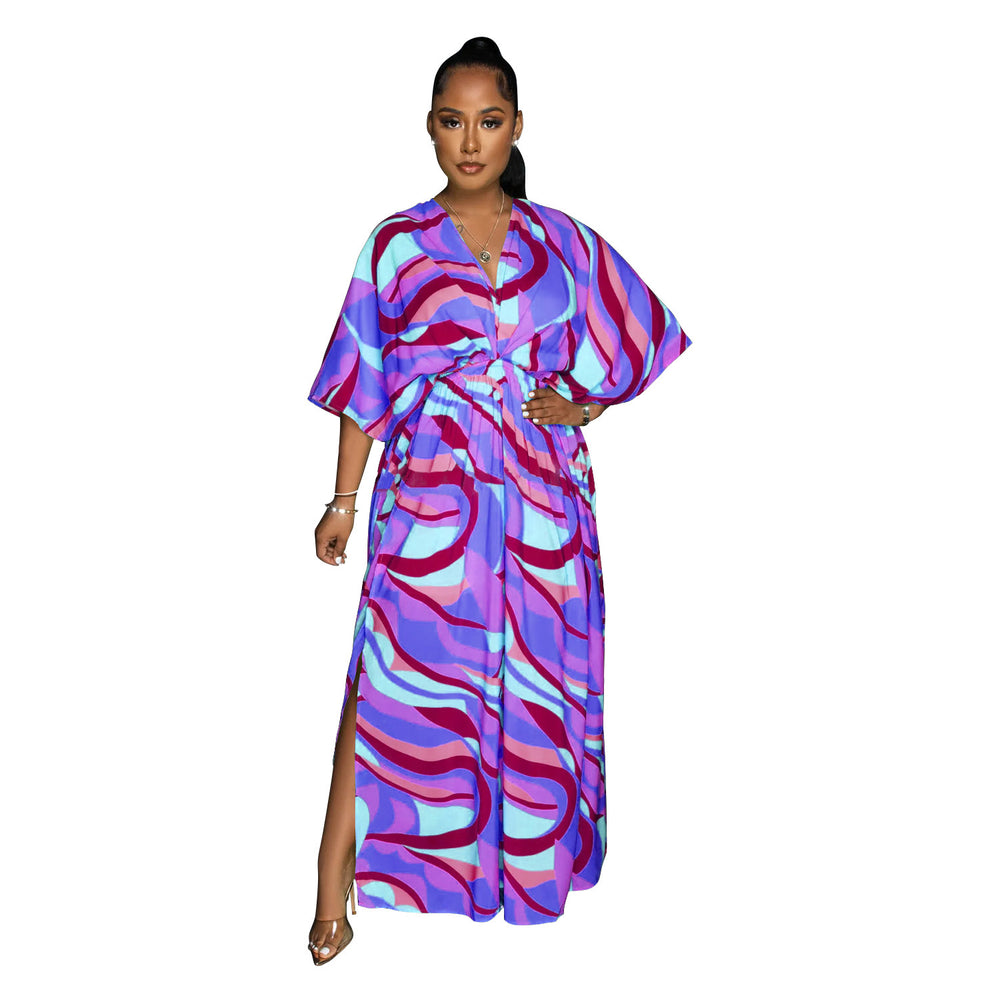 X6615 cross-border   fashion women's v-neck vintage print slit maxi dress