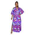 X6615 cross-border   fashion women's v-neck vintage print slit maxi dress