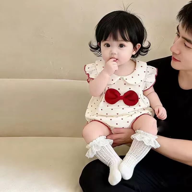 Newborn baby girl flutter sleeve heart romper - summer lightweight heart & bowknot peter pan collar bodysuit