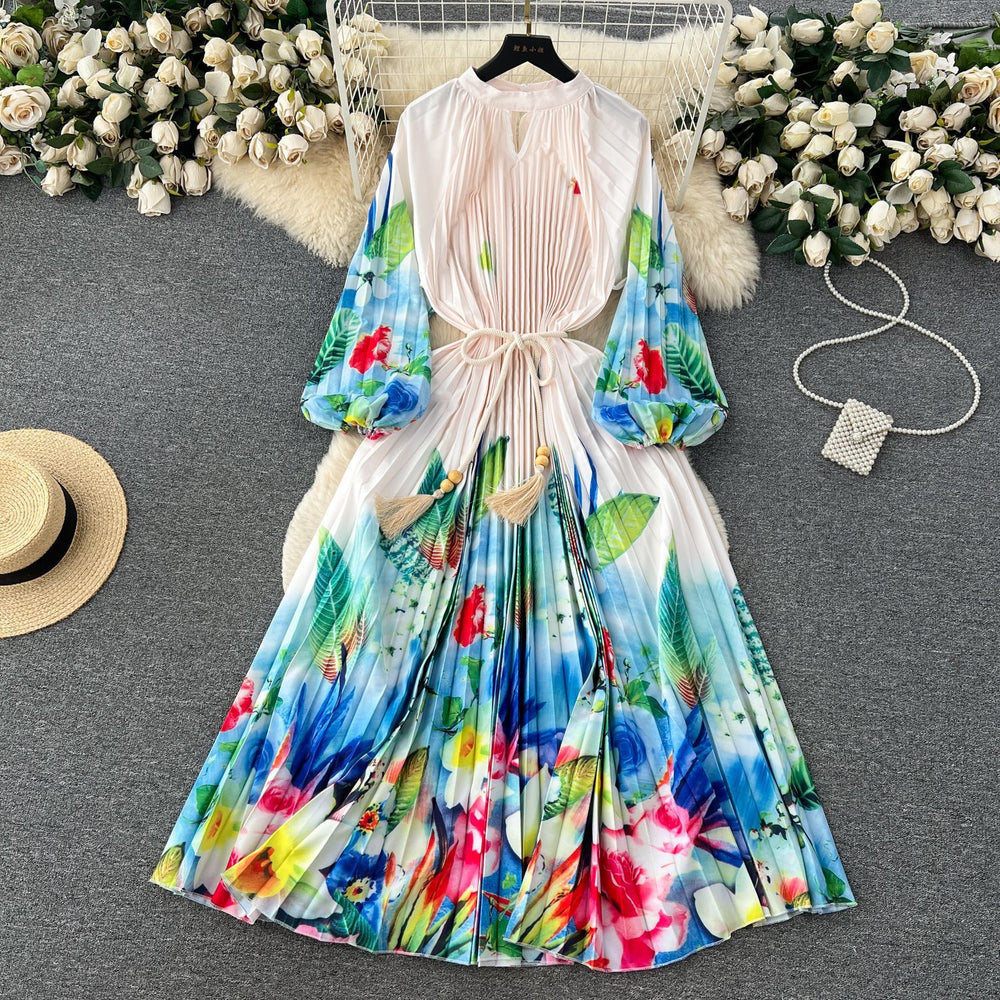 Elegant and chic printed dress for women - summer bubble sleeve tie-waist design, unique and flowy fairy dress