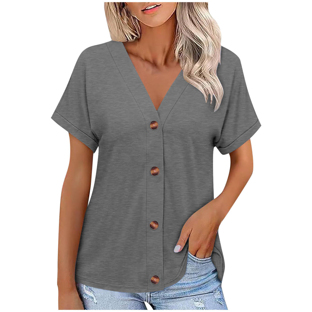 fashion cross-border export spring/summer new solid color button-down loose short-sleeve top t-shirt women's in-stock