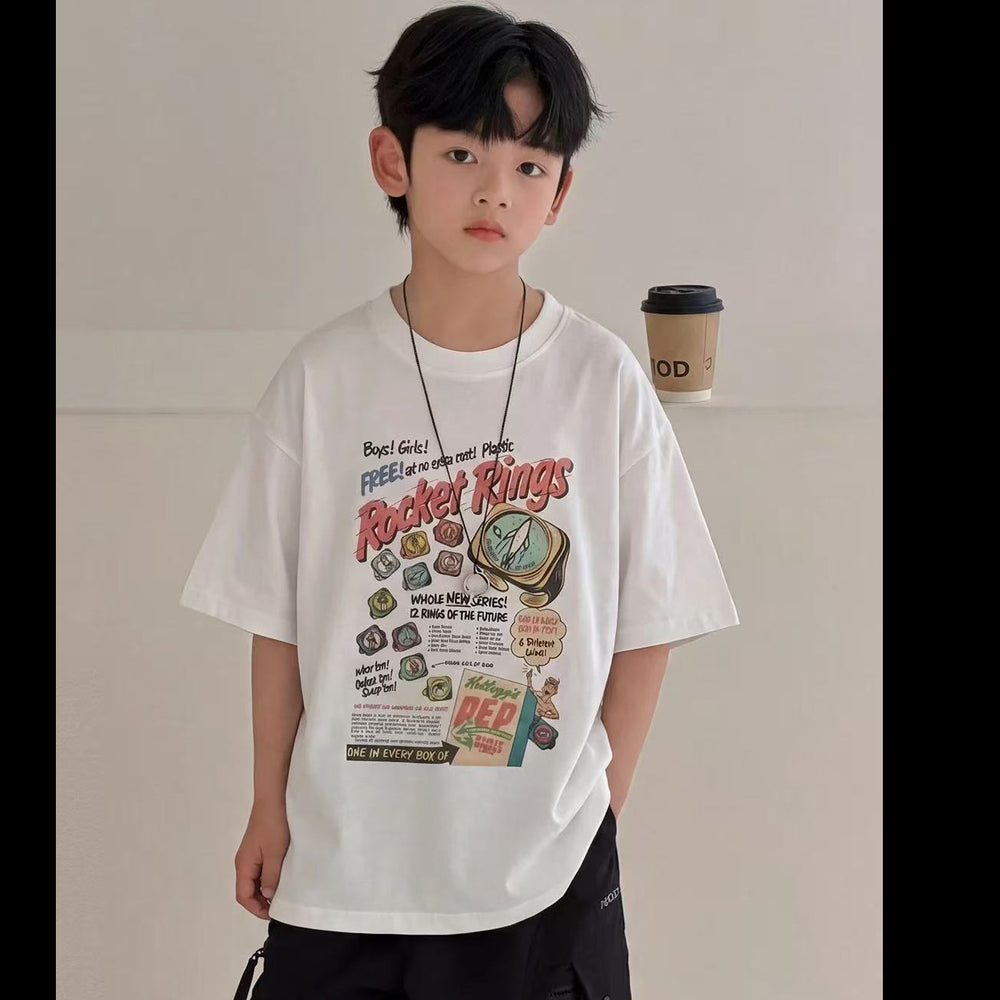 White cotton boys' short-sleeve t-shirt, summer  new arrival, loose fit, casual cartoon print, kids' half-sleeve 011