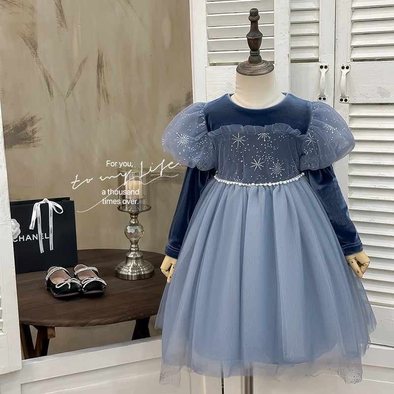 Girls' spring dress new : stylish baby girl birthday dress, fleece-lined and thickened, elsa princess dress, trendy style