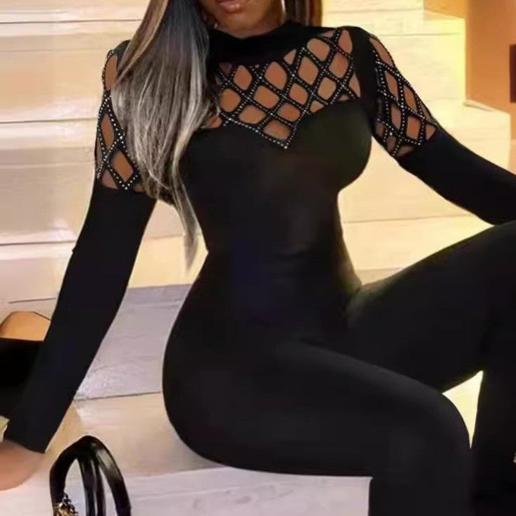 european and american export women's fashion patchwork sexy diamond mesh cinched waist slim fit micro flare jumpsuit