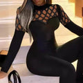 european and american export women's fashion patchwork sexy diamond mesh cinched waist slim fit micro flare jumpsuit