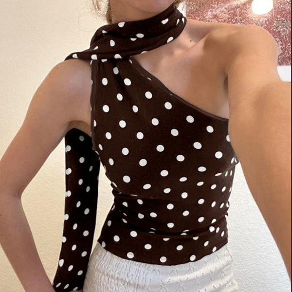 European and American style  women's clothing summer polka dot neck streamer single shoulder halter versatile vest vacation style Spice Girl top