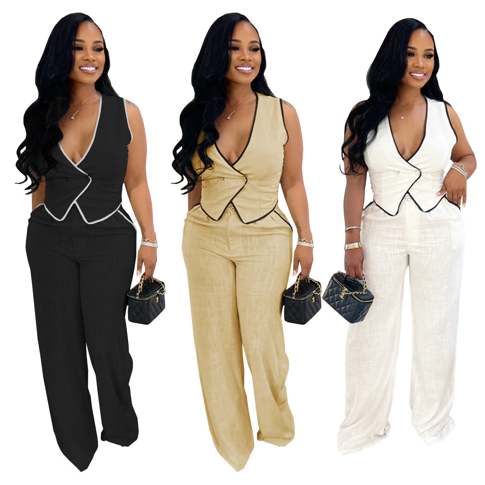 C7402 cross-border   fashion women's casual v-neck button-up top and pants two-piece set - new
