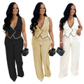 C7402 cross-border   fashion women's casual v-neck button-up top and pants two-piece set - new