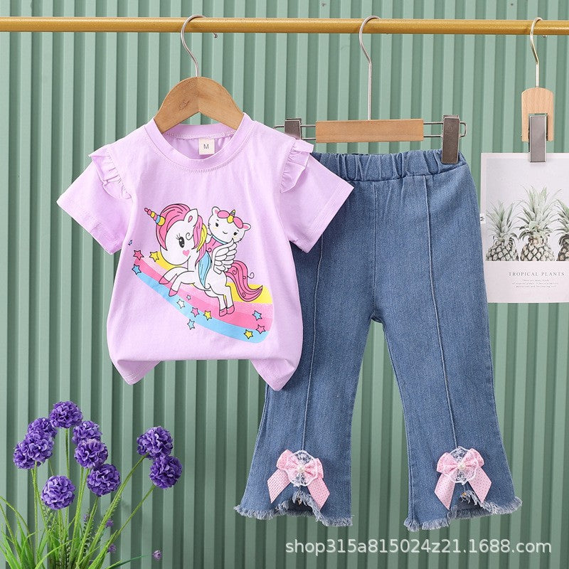 New girls' summer outfit: cartoon cute pattern short-sleeve top + bowknot denim shorts two-piece set - wholesale
