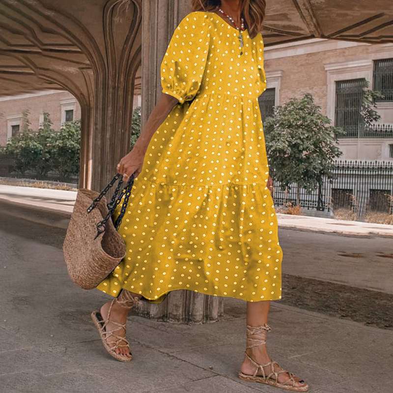 retrodress sundress puff sleeves polka dot printing summer casual plus size women's suit