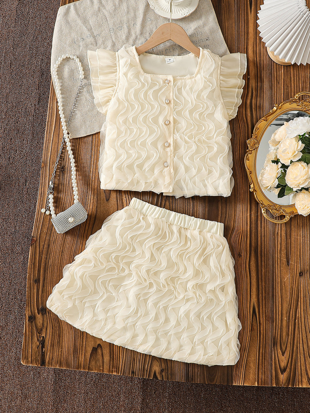 summer cross-border e-commerce 3d mesh wave patchwork top + skirt two-piece set girls' outfit