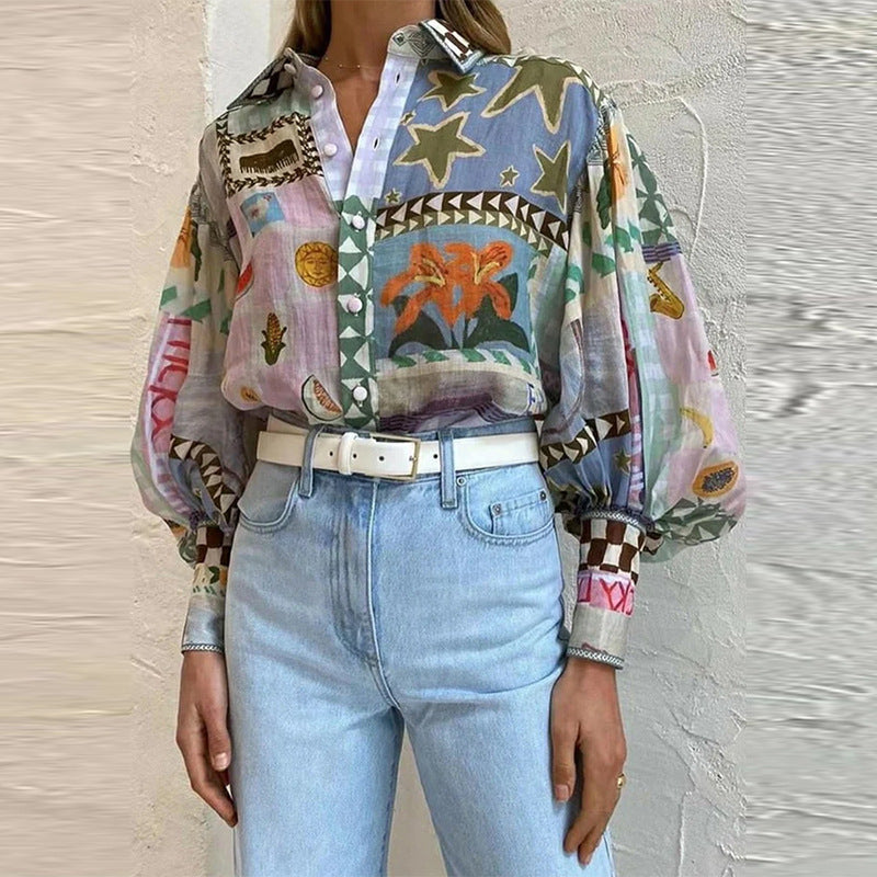 cross-border european and american women's clothing: new summer collection - elegant and chic turn-down collar printed oversized shirt 661