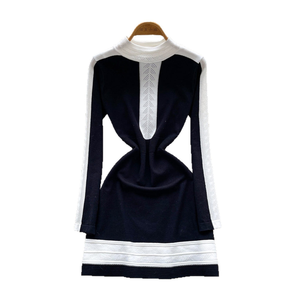 Frenchretroclassyfashionablecontrast colorpatchwork round neck long sleevesknittingdress women's waist slimming looksweater skirt