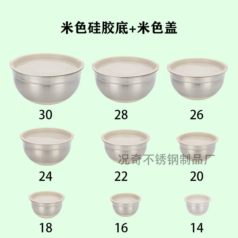 Stainless steel deep salad bowl with color-sprayed lid, round mixing bowl with non-slip silicone base for kitchen use