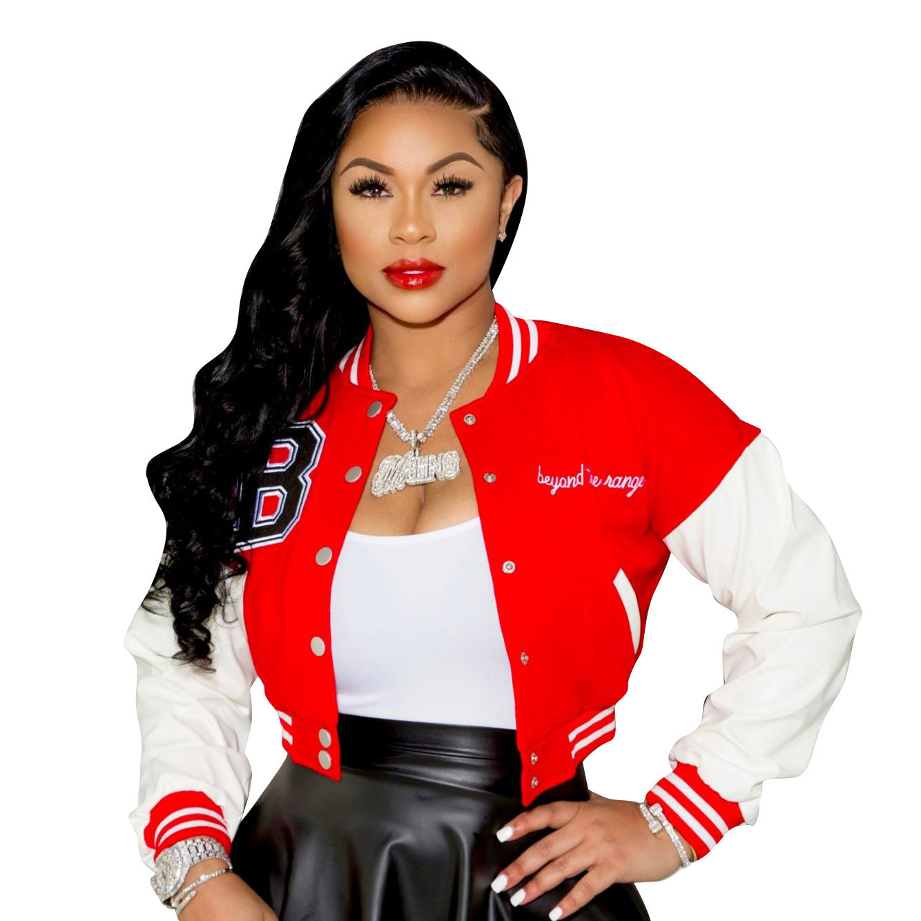 2021 European and American women's clothing autumn and winter new color matching press button fashion printing double-layer threaded baseball jacket