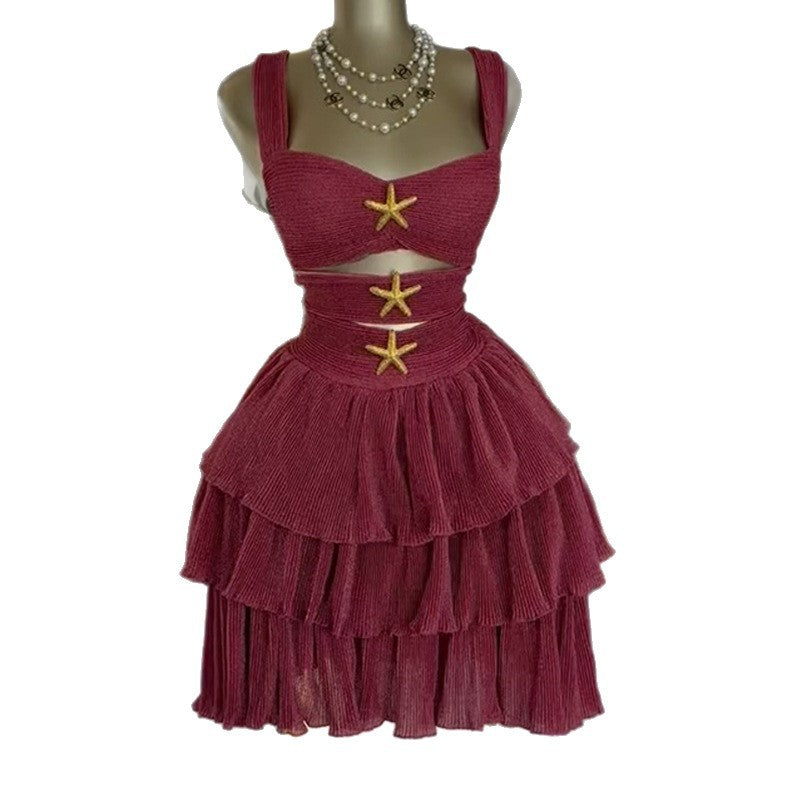 European and american cross-border women's fashion:  summer new arrival - elegant vintage hollow-out ruffle trim high-waisted cami dress