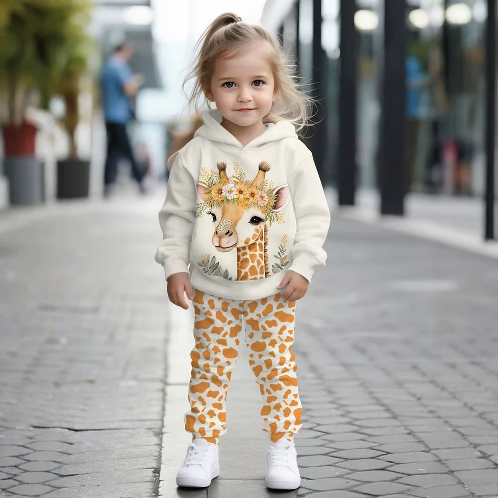 Kids' hoodie set, cross-border hot-selling cartoon animal print girls' fashion hooded sweatshirt and sweatpants set
