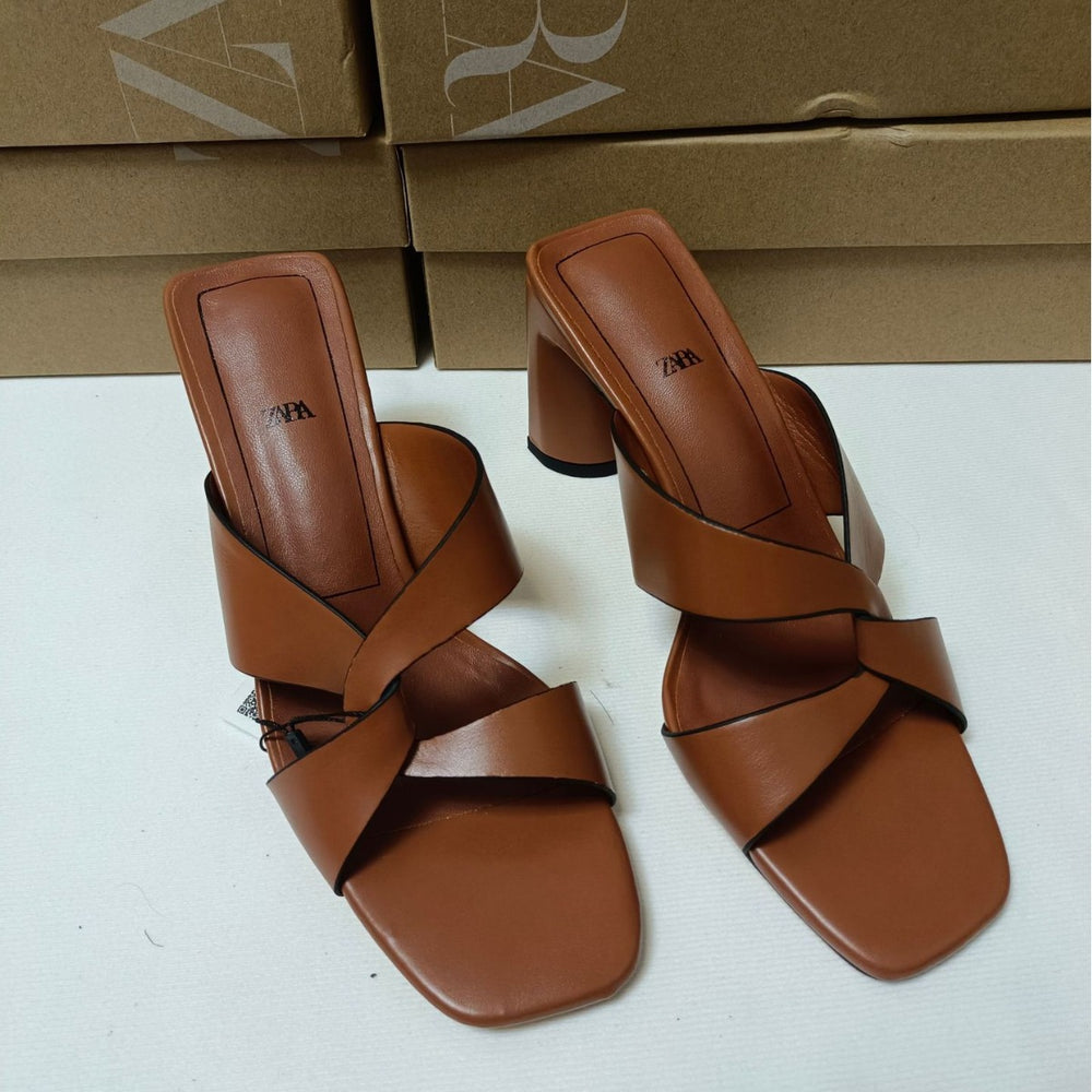 Spanish za brand 2024 summer new square toe outerwear cow leather versatile comfortable chunky heel high heel sandals and slippers for women