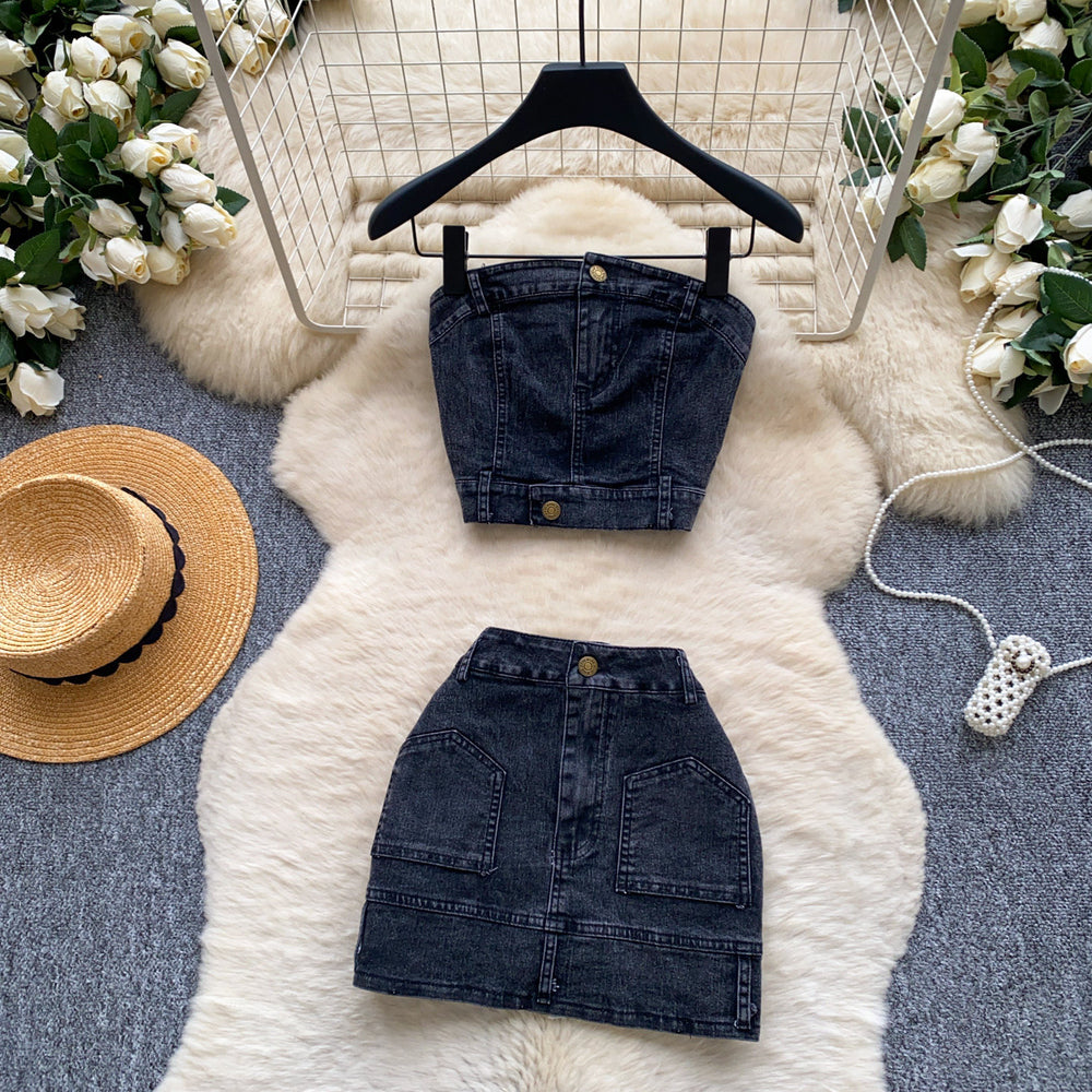 Retro denim casualtwo-piece set women's summer silmtube top vest hip cover skirt slimming lookhot girlsuit