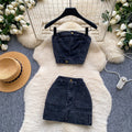 Retro denim casualtwo-piece set women's summer silmtube top vest hip cover skirt slimming lookhot girlsuit