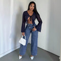 Fashionjeans women's light blue washed diagonal placket misaligned high waistloose pantsretrodrapedstraight-legmoppants