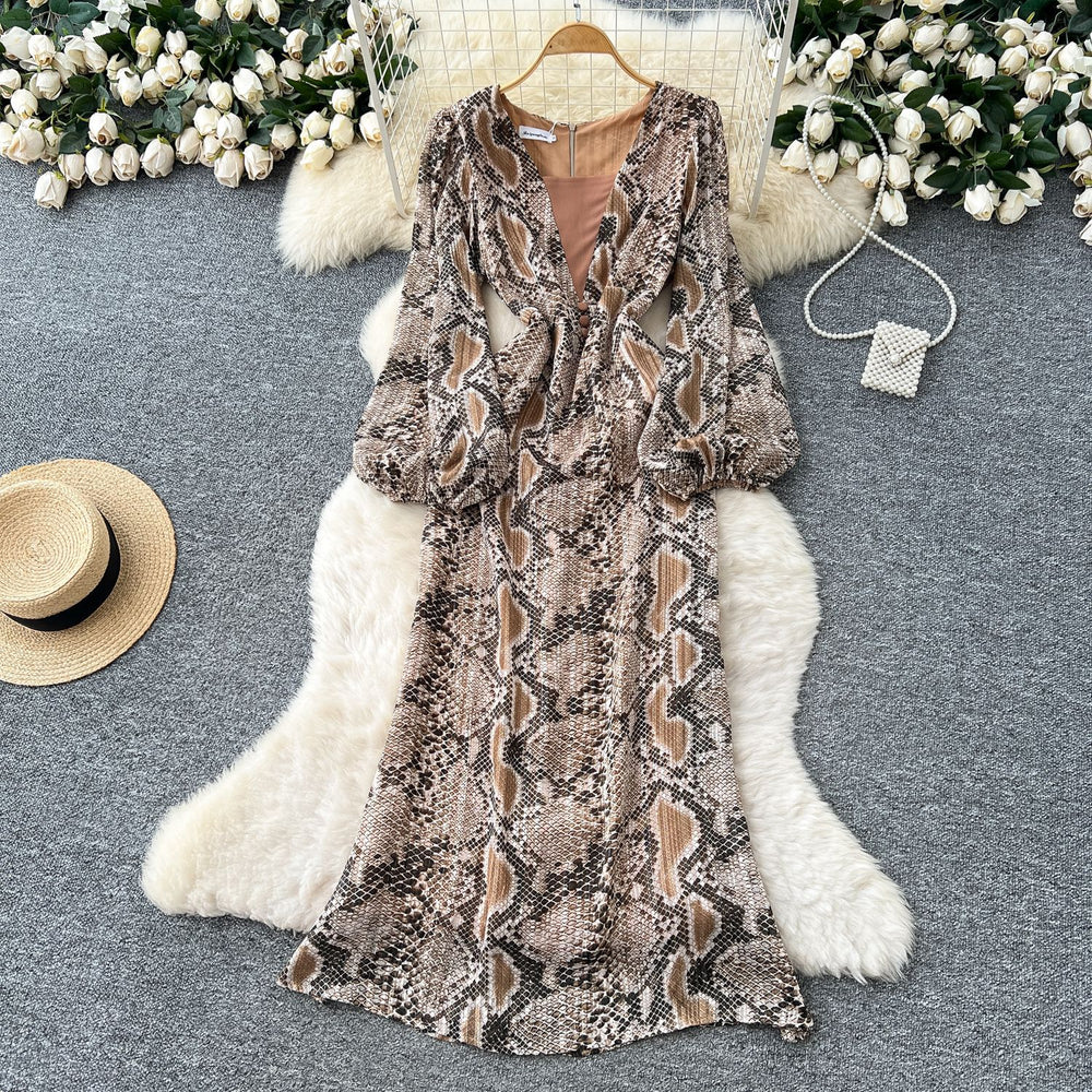 European and american style printed bubble sleeve dress - women's autumn slimming, figure-flattering, mature, chic, and exquisite long dress