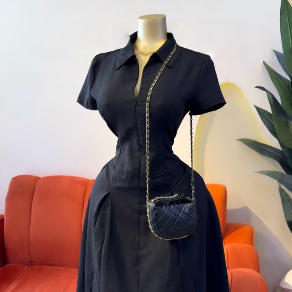 European and american cross-border women's fashion:  summer new arrival - elegant and chic notch lapel slim-fit little black dress, midi length