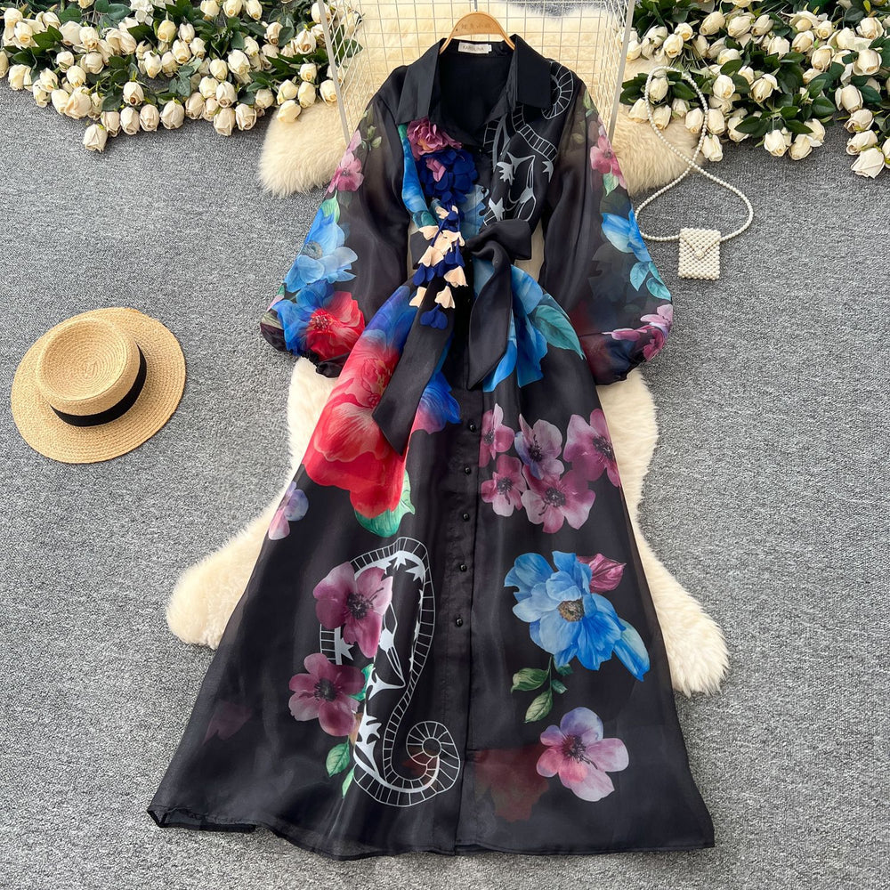 Vintage court style printed bubble sleeve dress - women's autumn tie-waist unique beautiful ethereal maxi dress
