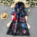Vintage court style printed bubble sleeve dress - women's autumn tie-waist unique beautiful ethereal maxi dress