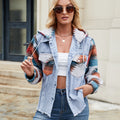 European and american cross-border e-commerce women's apparel:  independent store autumn new arrival - washed color block long sleeve denim jacket top