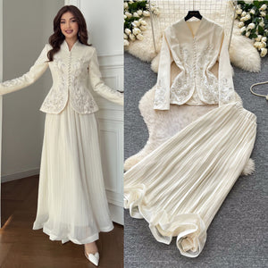 French chic v-neck embroidered jacket & high-waisted pleated skirt two-piece set - elegant & luxurious for spring/autumn