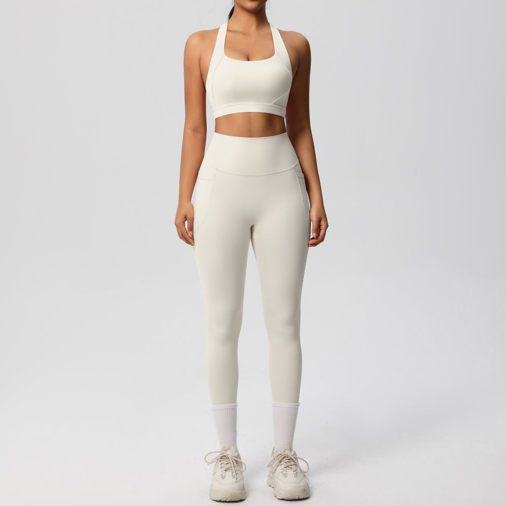 European and american cross-border yoga double-sided brushed tank top & shockproof pocket pants pilates running fitness yoga outfit two-piece set